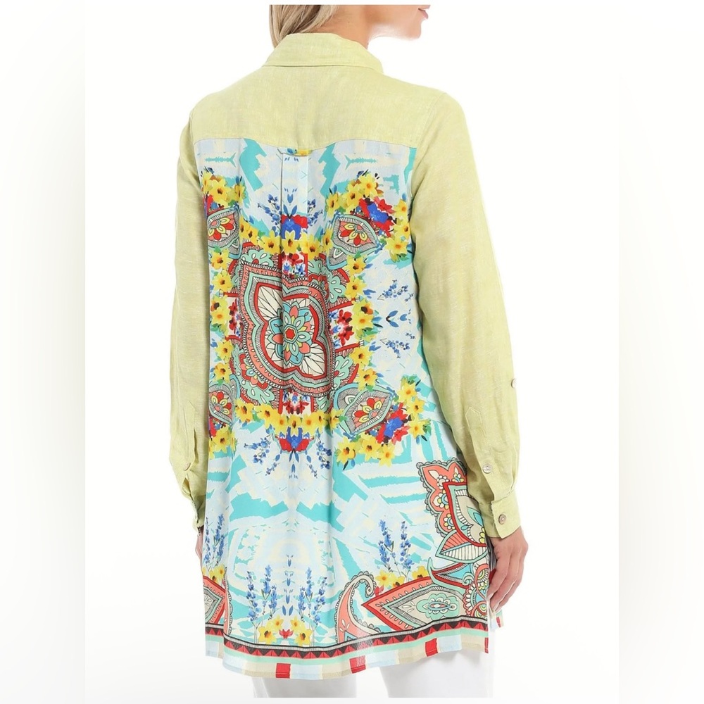 John Mark Linen Tunic Top Mixed Media Button Down Roll Tab Sleeve Artsy Large